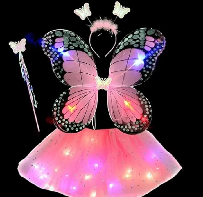 Kids Girls Led Light Up Butterfly Wings With Tutu Skirt Butterfly Angel Fairy Wings Costume Set Stage Props Luminous wings