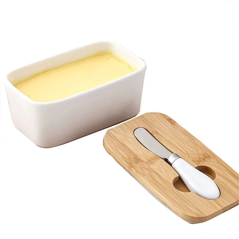 Wholesales Custom Hot Sale Rectangular Ceramic Butter Dish Keeper With Bamboo Lid And Knife For Bake