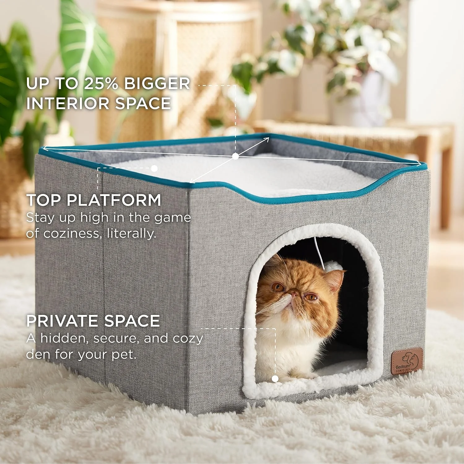 Suitable for indoor cat beds - large cat litter box with pom-pom hanging device and scratching mat, foldable cat hideout