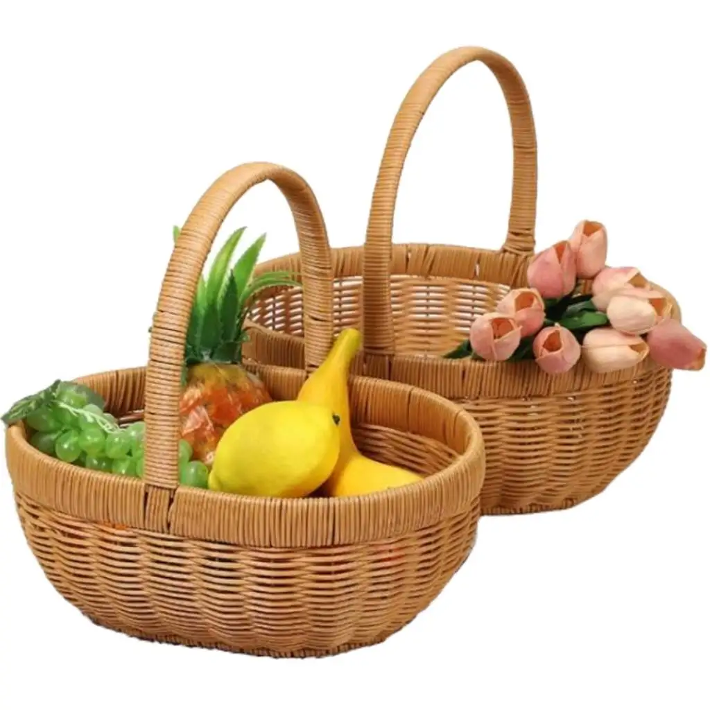 Oval PP Rattan Handwoven Picnic Basket Fruit Egg Storage Basket with Handle