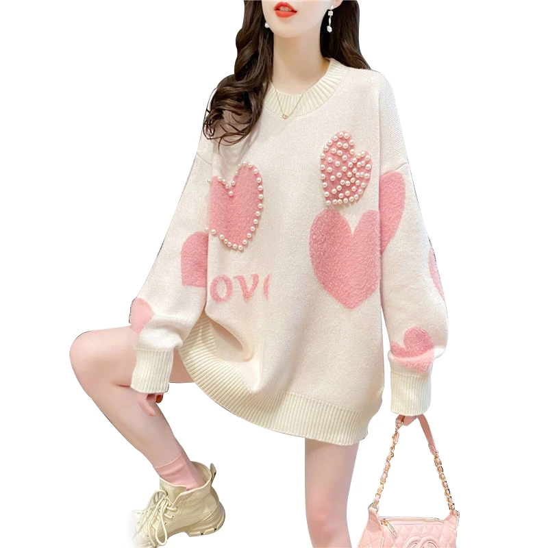 2021 Spring Autumn New Arrival fashion women  loose  young ladies lazy style Pearl sweater