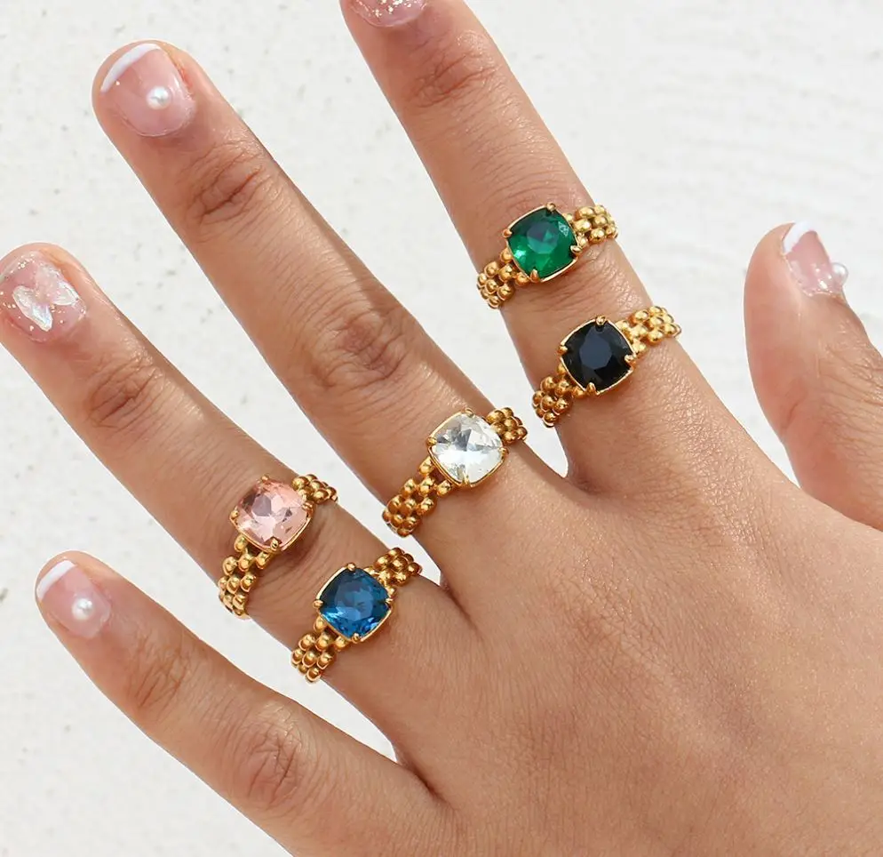 Ins fashion 18K gold plated stainless steel retro ring jewelry hollow strap chain zircon ring