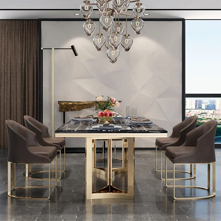 Modern luxury golden stainless steel marble top dining table set for dining room furniture