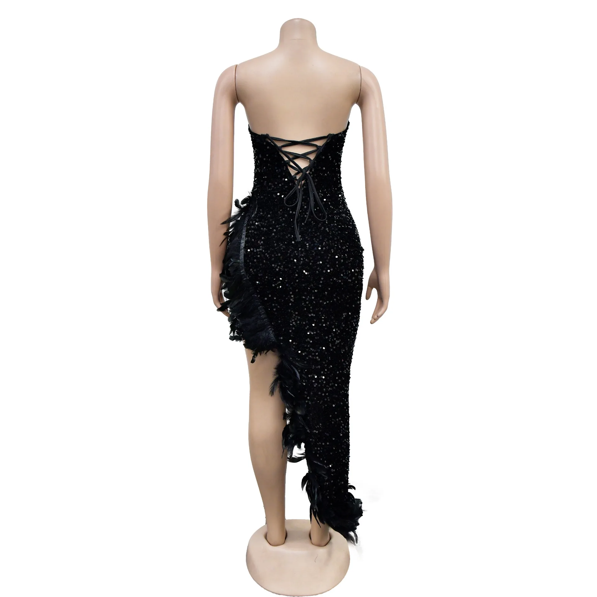 Ready to ship black color split fur women dresses elegant party evening dresses 2024