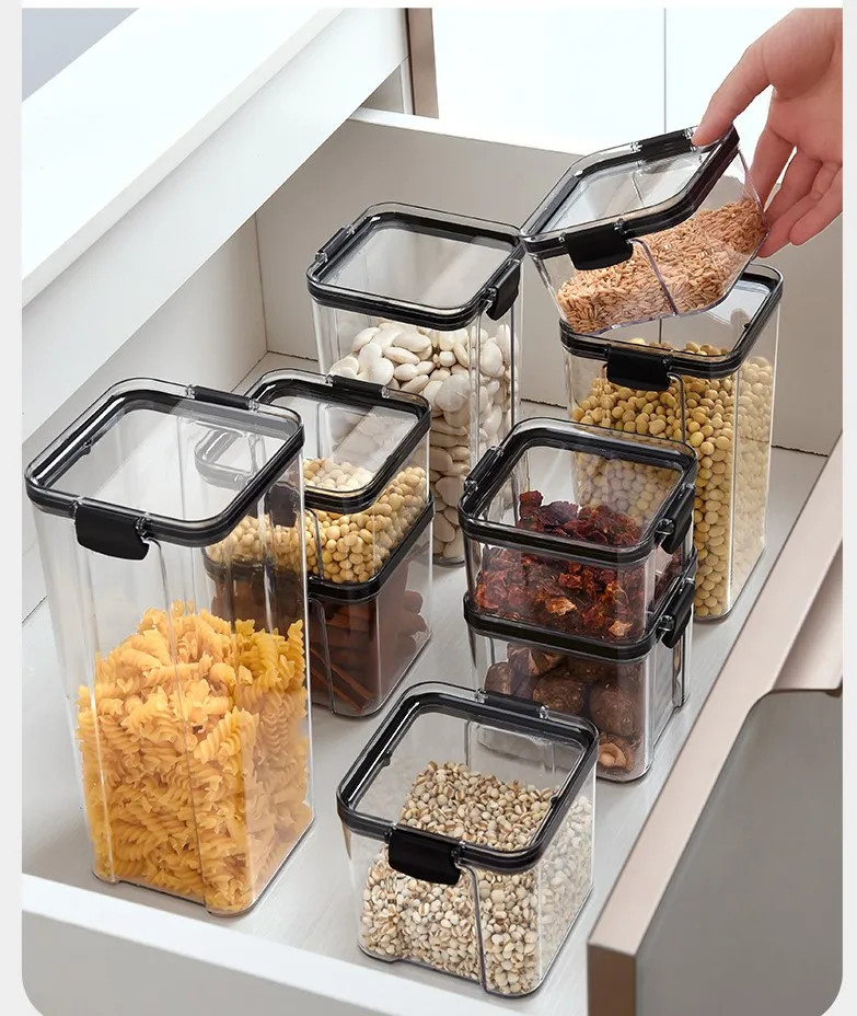 Plastic Transparent Sealed Cans Airtight Food Storage Container Kitchen Fridge Noodle Box Multigrain Storage Tank with Black Lid