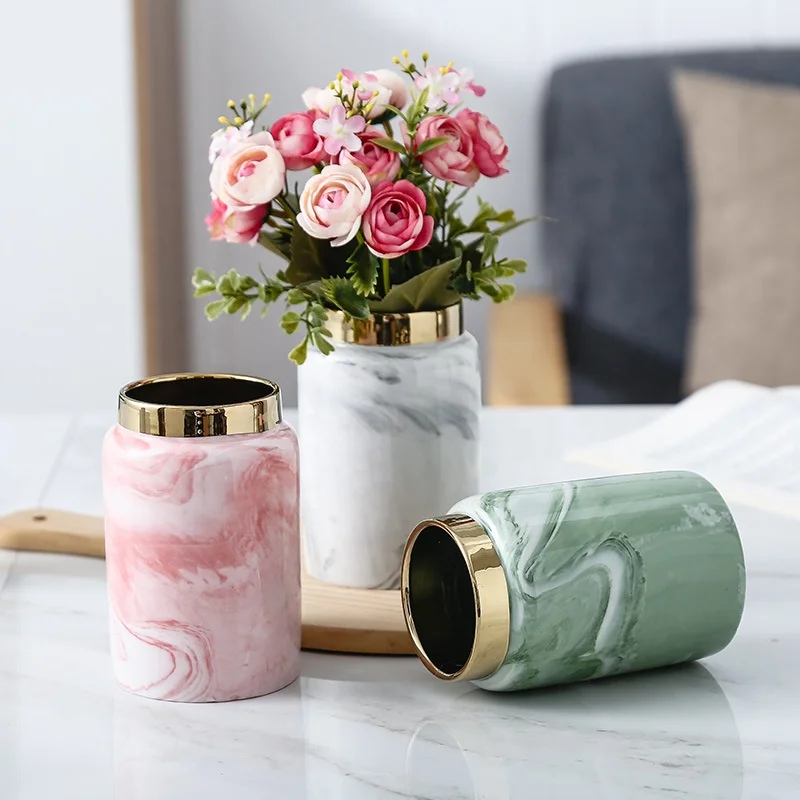 INS Light and Luxury Marble Electroplated Ceramics Cosmetic Home flower pot(Golden edge)