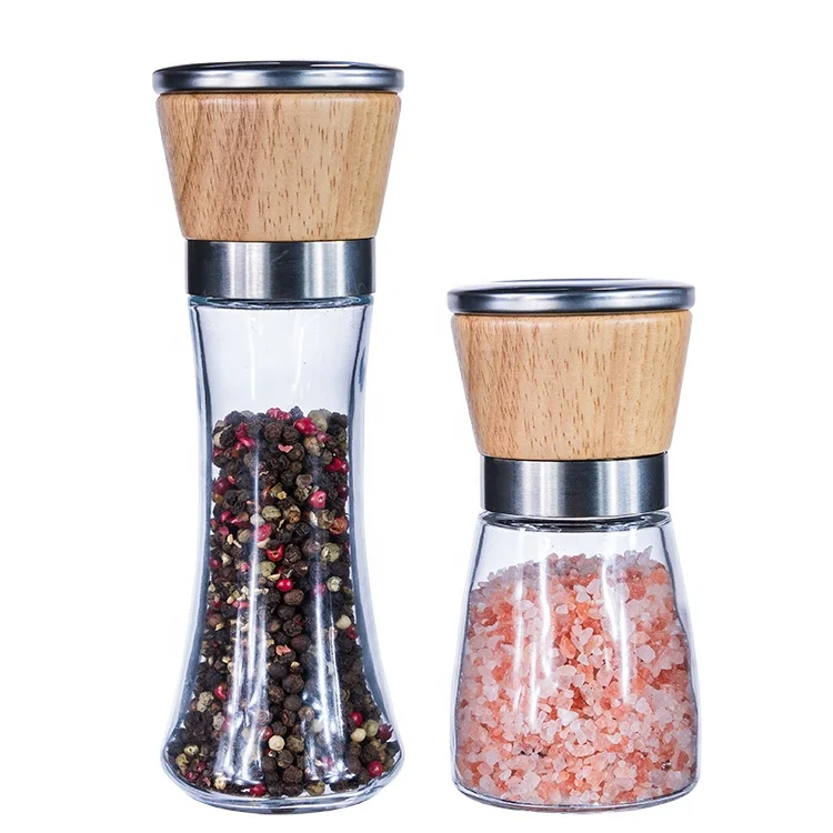 Alibaba Supplier Clear Glass Pepper Bottle with Manual Grinder Lid Spice MILLS Bamboo Wood Salt and Pepper Grinder Set of 2