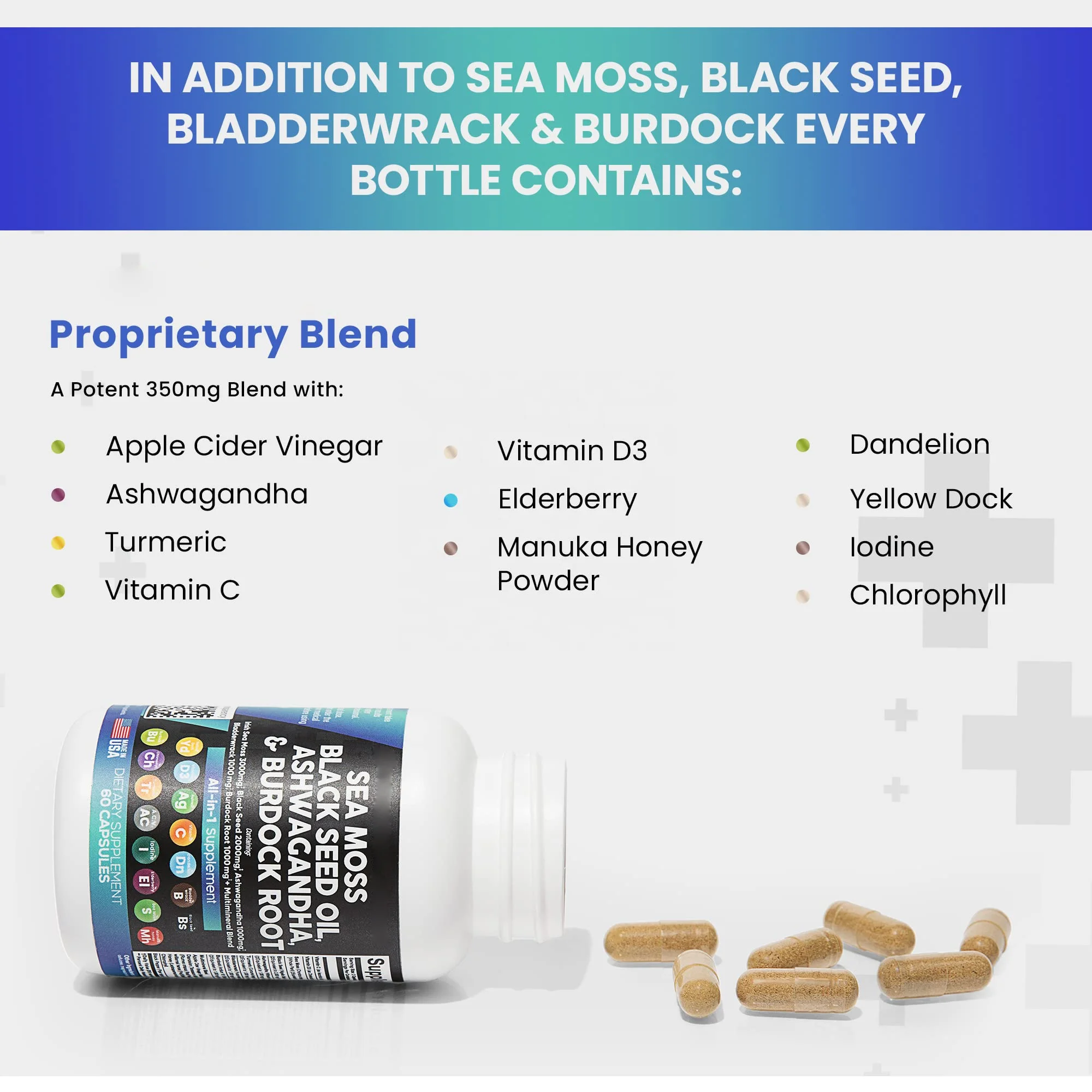 OEM Herbal Supplements Sea Moss Capsules Black Seed Oil Turmeric Bladderwrack Burdock Complex Seamoss Capsule