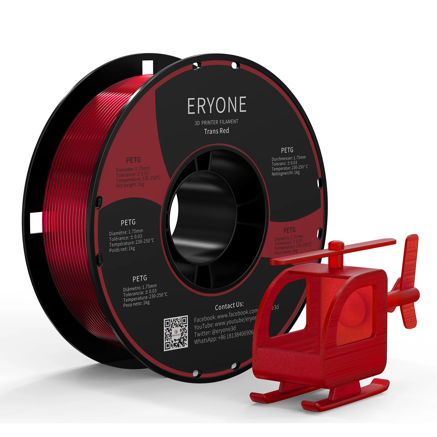 Eryone New Arrival Red PETG Bulk 3D Printing Filament 1KG Spool 1.75mm Premium OEM 3D Printer Raw Material