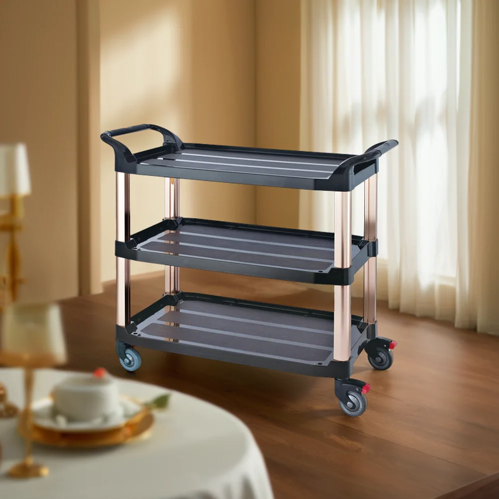 Indoor Utility Disassemble Restaurant 3 Layer Food Service Cart Plastic Room Cleaning Trolley with Wheels