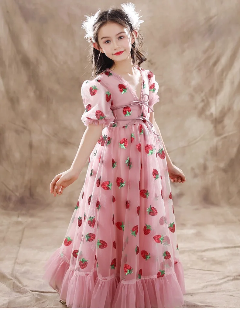 Summer Sequined Kids Gowns Party Dress For Kids Girl Communion Dress White Girls Performance Long Frock Prom Gown