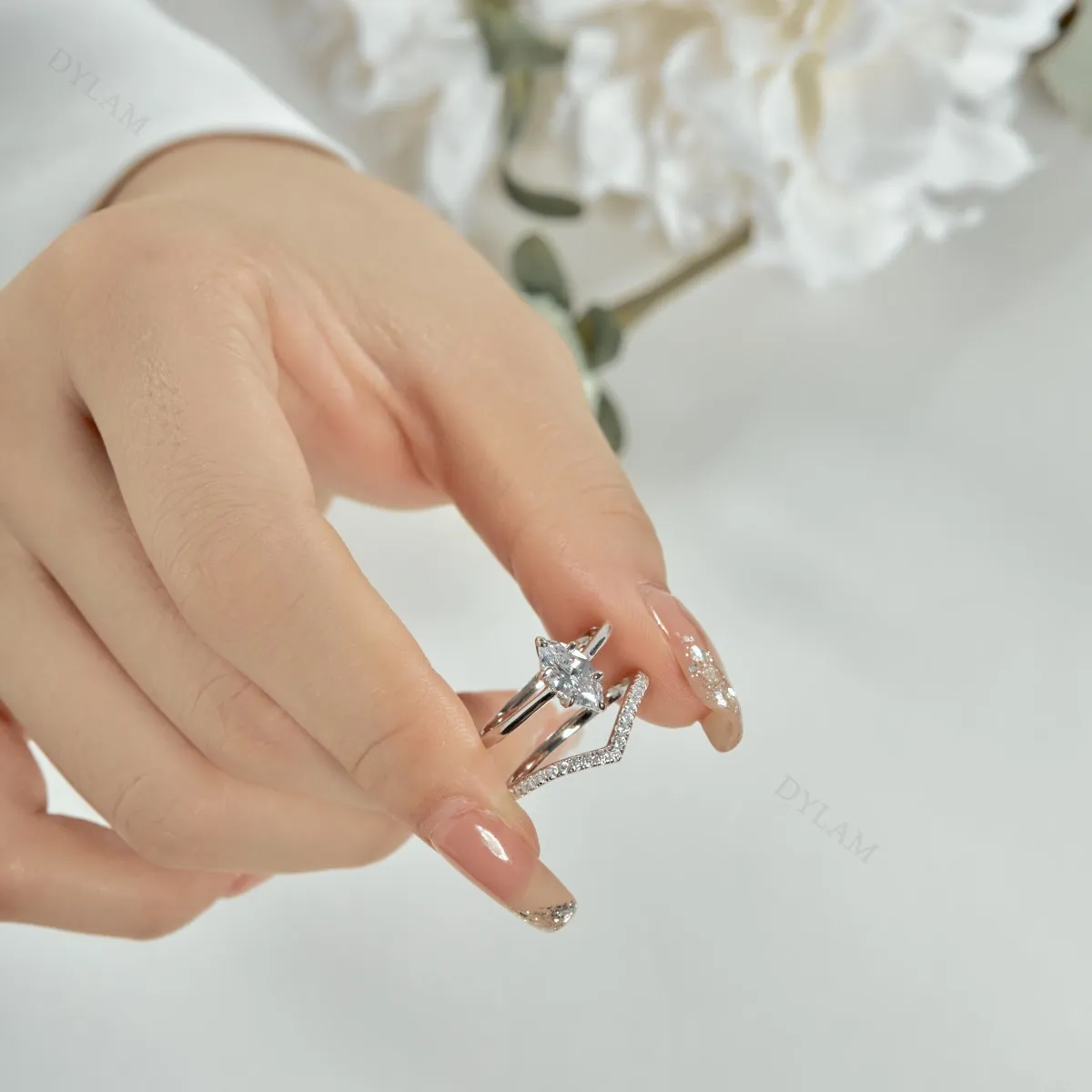 Dylam 5A Grade Marquise Cubic Zirconia Halo 5A CZ Set Engagement Wedding Stackable Ring Gemstone 925 Sterling Silver Ring