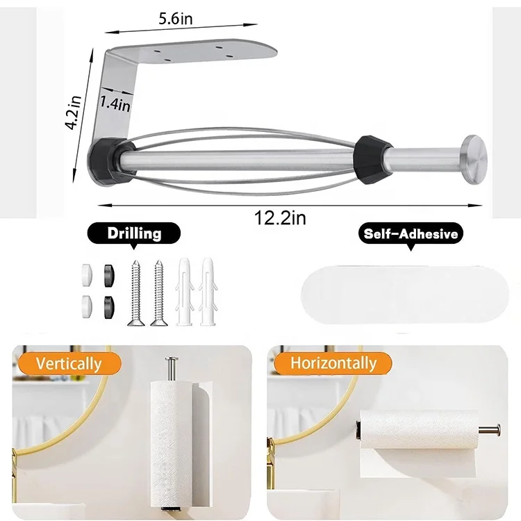 Kitchen Roll Holder Self-Adhesive Single Hand Operable Wall Mount with Damping Effect Paper Towel Holder Under Cabinet