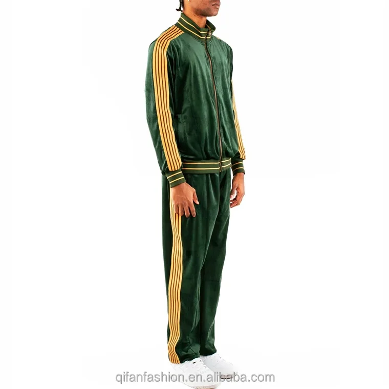 Custom high collar full zip up side stripe velvet velour track jacket for men