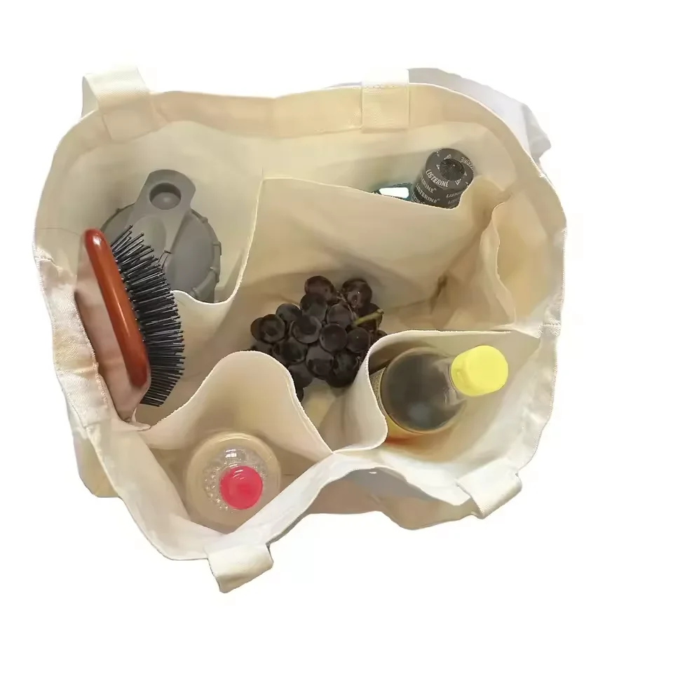 Eco Friendly Reusable Nature Organic Cotton Canvas Heavy Duty 6 Pockets 6 Compartments Custom Logo Tote Shopping Bag