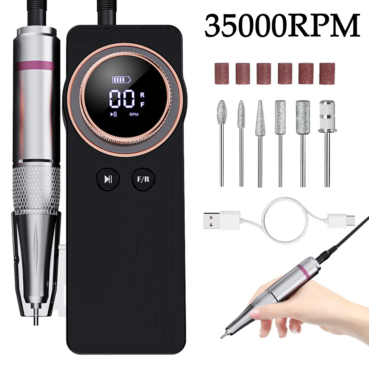 35000RPM Nail Drill Portable LCD Display Electric Manicure Polisher for DIY Nail Art Salon and Home