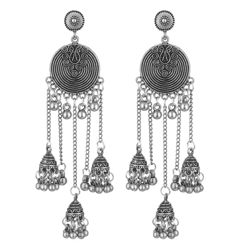 Ethnic Vintage Boho Earrings 2021 Trend Retro Alloy Round Bells Tassel Jhumka Earring For Women Indian Jewelry