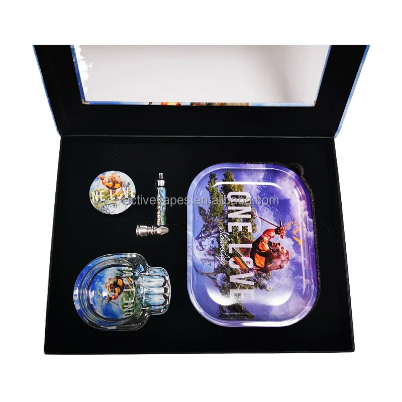 Factory Price Rolling Tray Bundle 4 In 1 Accessories Set Comes With Cigarette Tray Glass Ashtray Herb Grinder Metal Pipe