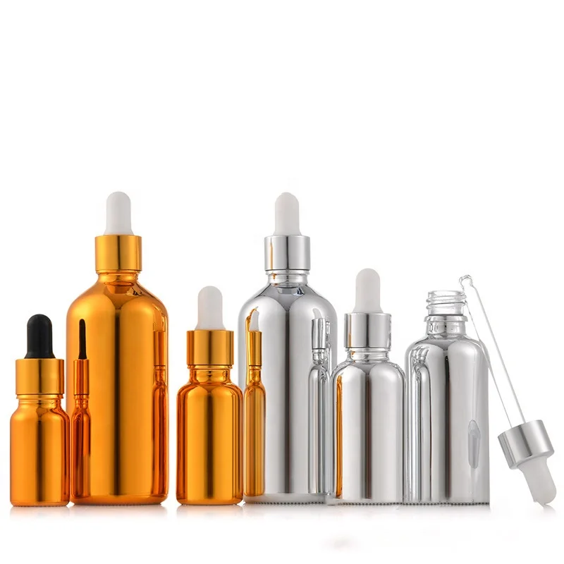 5ml 10ml 15ml 30ml 50ml 100ml Round Oil Gold Glass Dropper Bottle Silver Serum Bottle With Atomizer