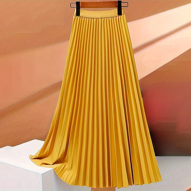 Summer Elegant High Waist Plain Casual Simple Temperament Midi Skirts Black Long Pleated Skirt