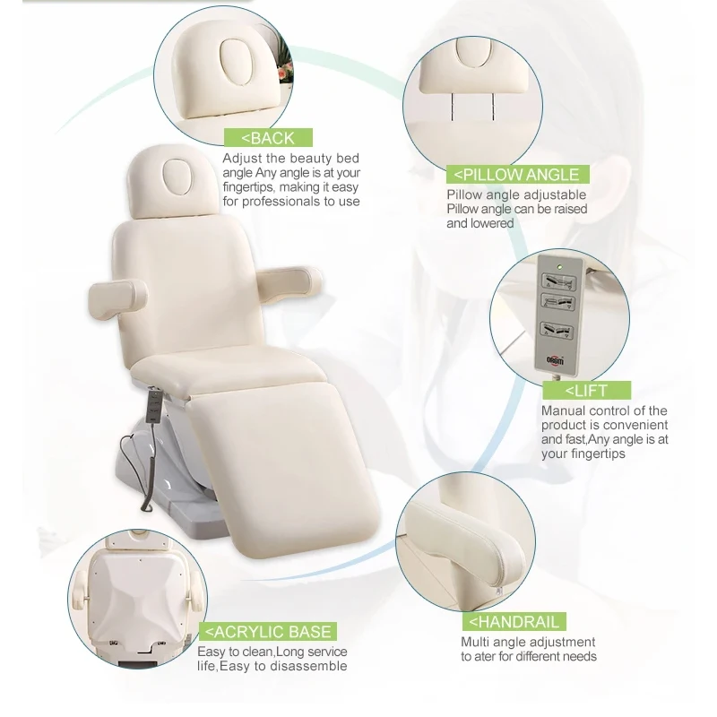 Heavy Duty Mobile Electric Facial Bed Disassembled Armrest Adjustable Height White Treatment Bed With 3 Motor