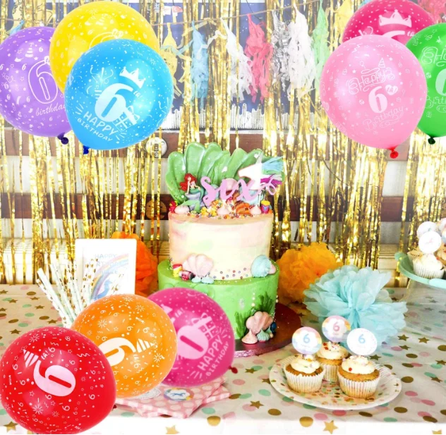 Colorful Baby Happy 6th Birthday print Helium Balloons latex Bunch with ribbon for Kids Birthday Toys Party Supplies Decorations