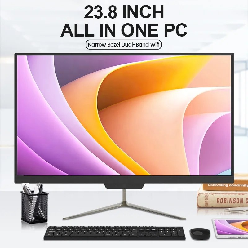 All In One PC 23.8Inch 1920x1080 FHD 4GB DDR4+64GB EMMC Gemini Lake N4120 Win11 Desktop Computer With 2MP Camera RJ45