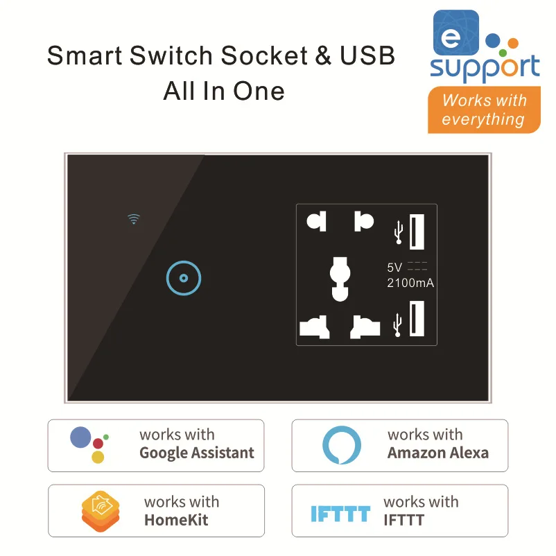 British standard UK Wifi wall switch and smart Wifi  socket outlet, 5 pin multi socket EU Australian export switch socket