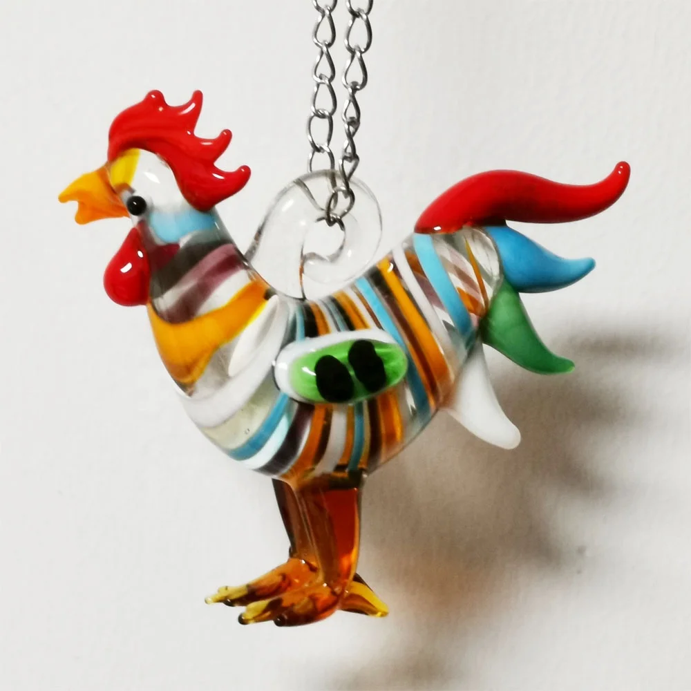 Wholesale French Gallic Rooster Handmade Murano Glass Cock Metal Chain Hanging Rooster Figurine for Home Garden Tree Ornaments