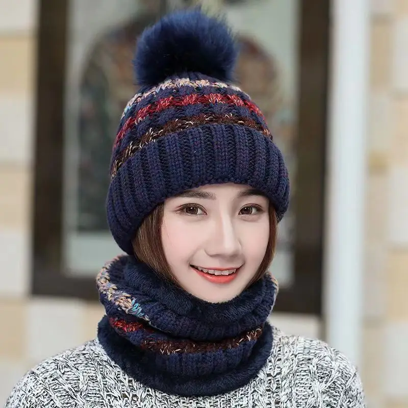 6 Color women warm cable knitted beanie hats , 2pcs /set winter hats and scarf set