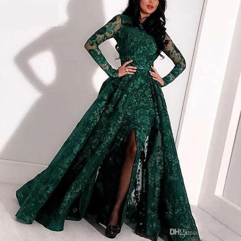 dq236 Dark Green Mermaid Evening Dresses V Neck Long Sleeve Sweep Train Crystal Beads Velvet Women Formal Prom Party Gowns