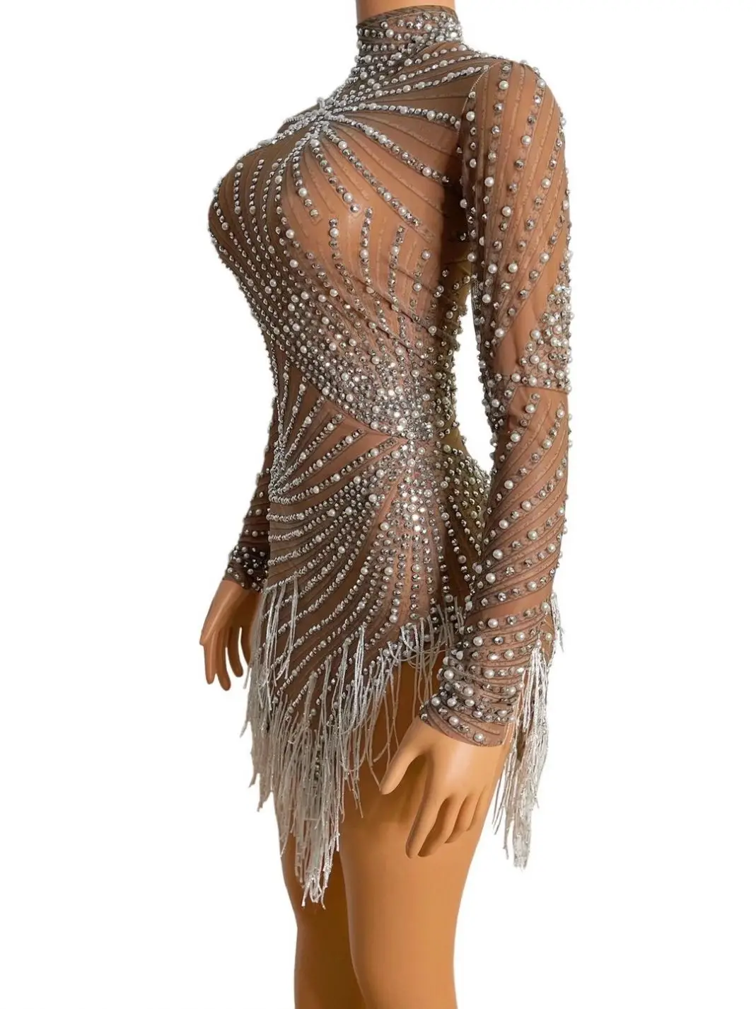 KI349 New Pattern Bodycon Shiny Women Elegant Dress Exotic Dancewear Fringed Mini Pearl Design
