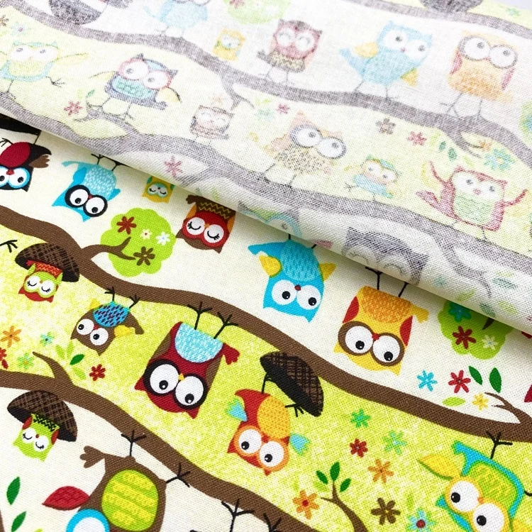 Soft comfortable cartoon animals owl design woven organic 100% cotton poplin print fabric for baby kids children