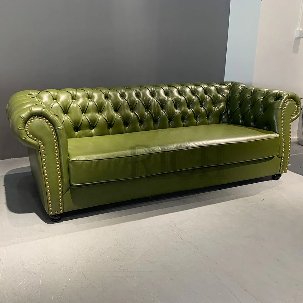 Комплект кожаных диванов chesterfield роскошный современный зеленый кожаный диван на продажу винтажный из искусственной кожи с глубокими