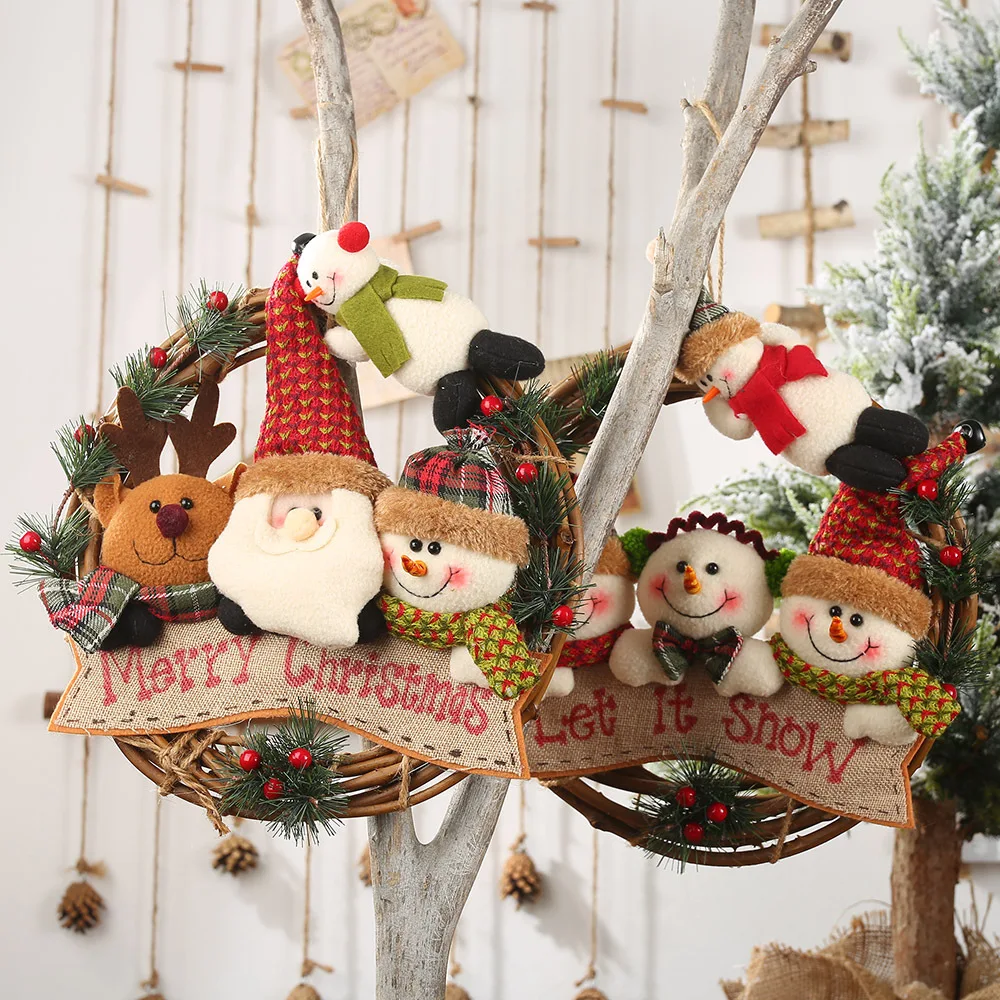 New Christmas door wreath supplies santa snowman deer rattan wreath pendant christmas wreaths for front door