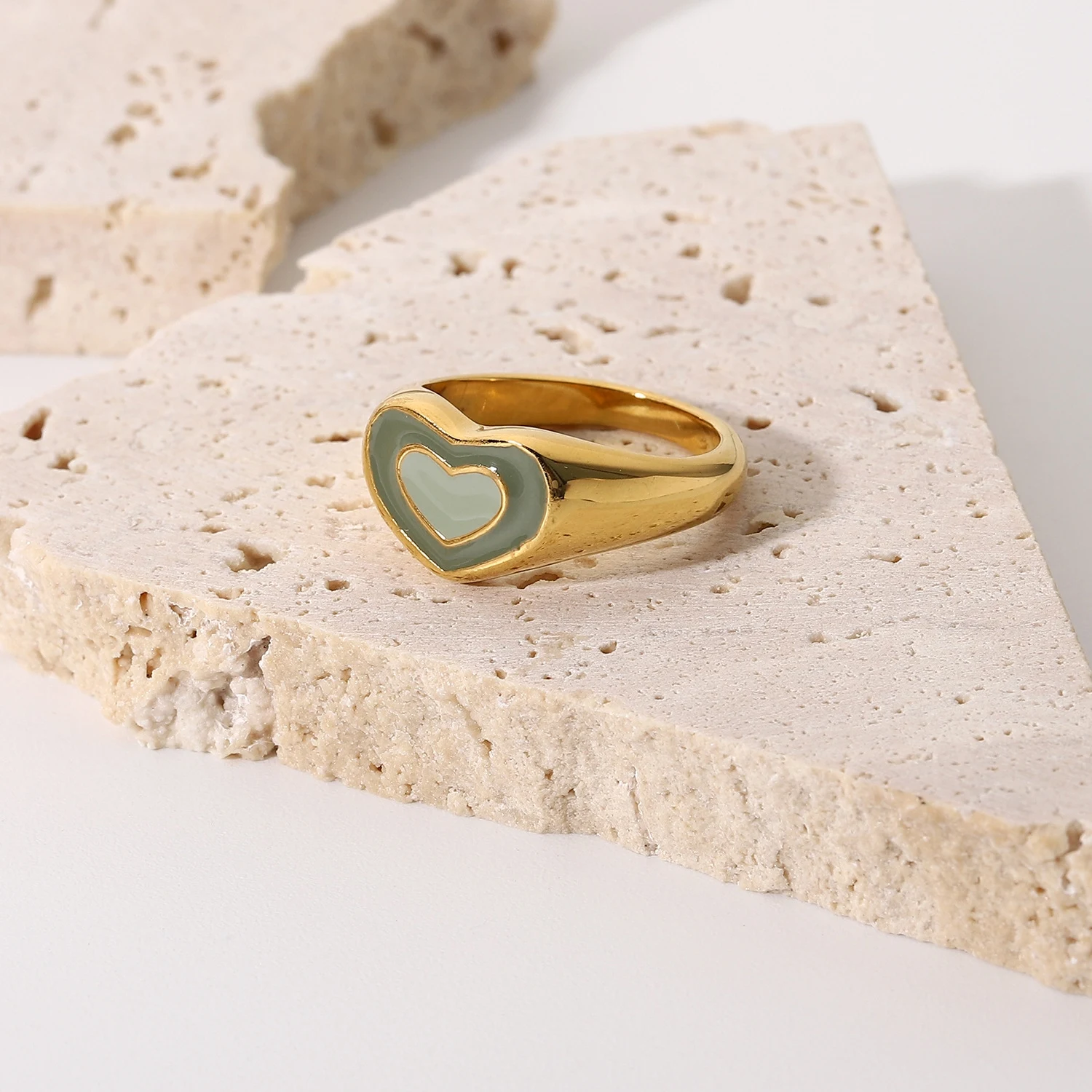 Fashion Stainless Steel 18K Gold Plated Colorful Double Heart Enamel Rings Women