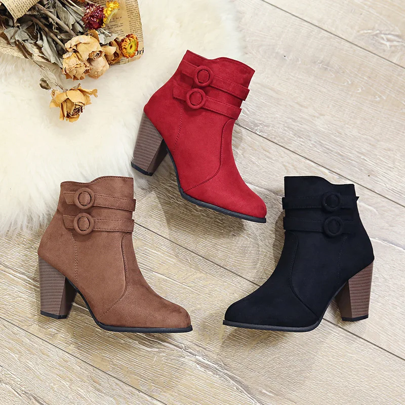 35-43 Suede short tube thick heel fashion boots Side zipper plush middle heel boots Pointed buckle fashion boots
