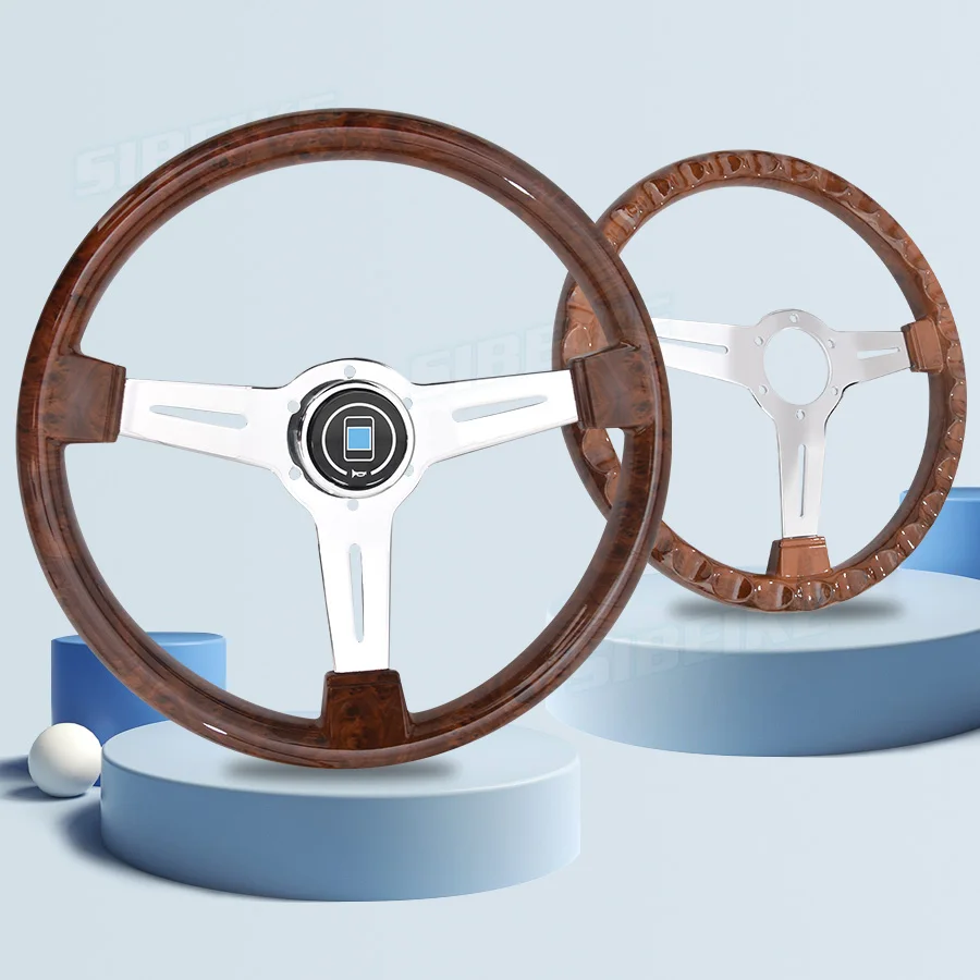 Manufacture JDM Custom Wood Film 14inch Steering Wheel Copy Wood Chrome Spoke Racing Sports Steering Wheel