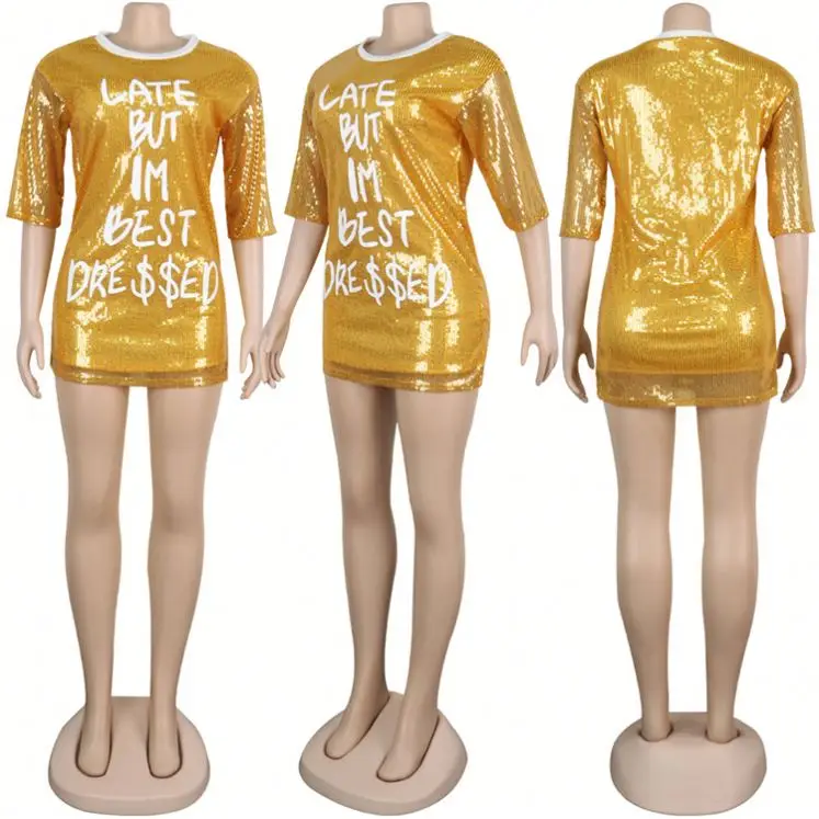 
new style women long sleeve round neck print letter sexy mini clubwear sequin dress Sequin Lady Sexy Dress 