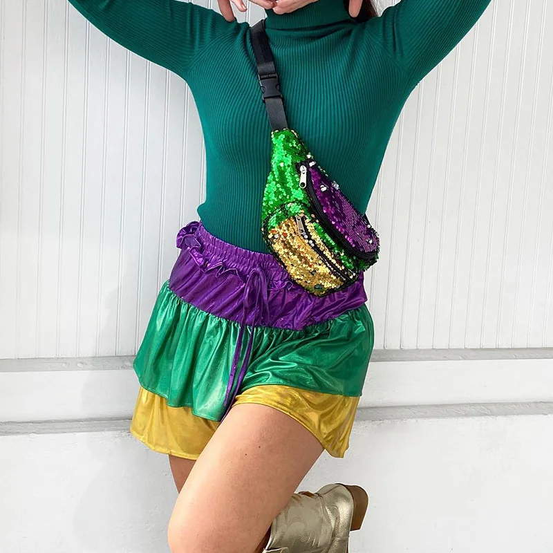 Costume Festive Womens Apparel Carnival Pleated Girl Short Clothing Supplier Adults Ladies Gold Shorts With Mardi Gras Colors
