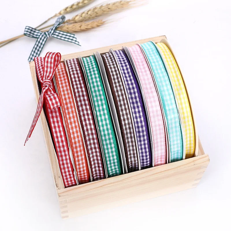 Wholesale 3/8 inch checked satin ribbon 9mm plaid polyester ribbon for hair bows gift wrap garment home decoration accessories
