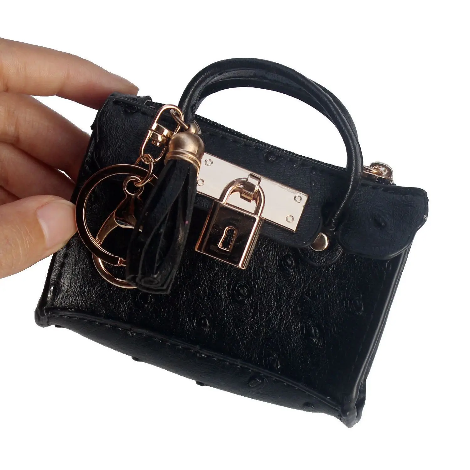 mini lock zipper leather keychain card coin purse for ladies women