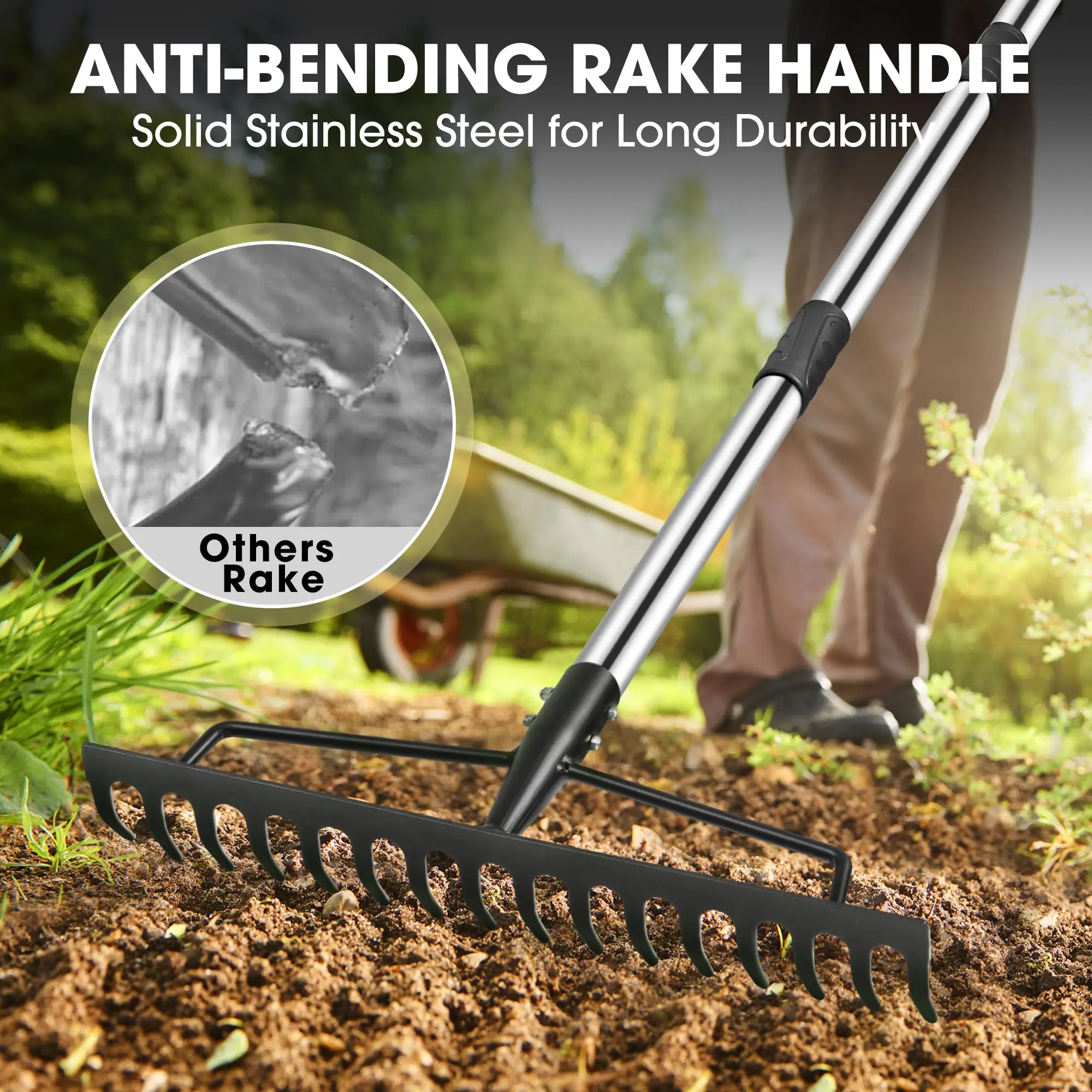 Garden Rake 16 Tines with Adjustable Handle Bow Rake for Lawns Heavy Duty Loosening Soil Gathering Leaf Yard Rake Gloves Beach