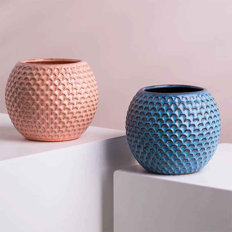 China factory OEM bulk pink blue small ceramic fish grain embossment flower pots