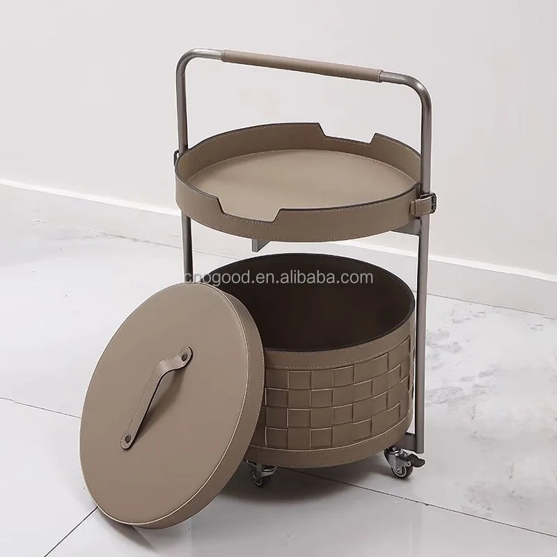 Italian Style Rolling Storage Cart Stainless Steel Saddle Leather Bedside Table Modern Luxury Can Move The Sofa Side Table