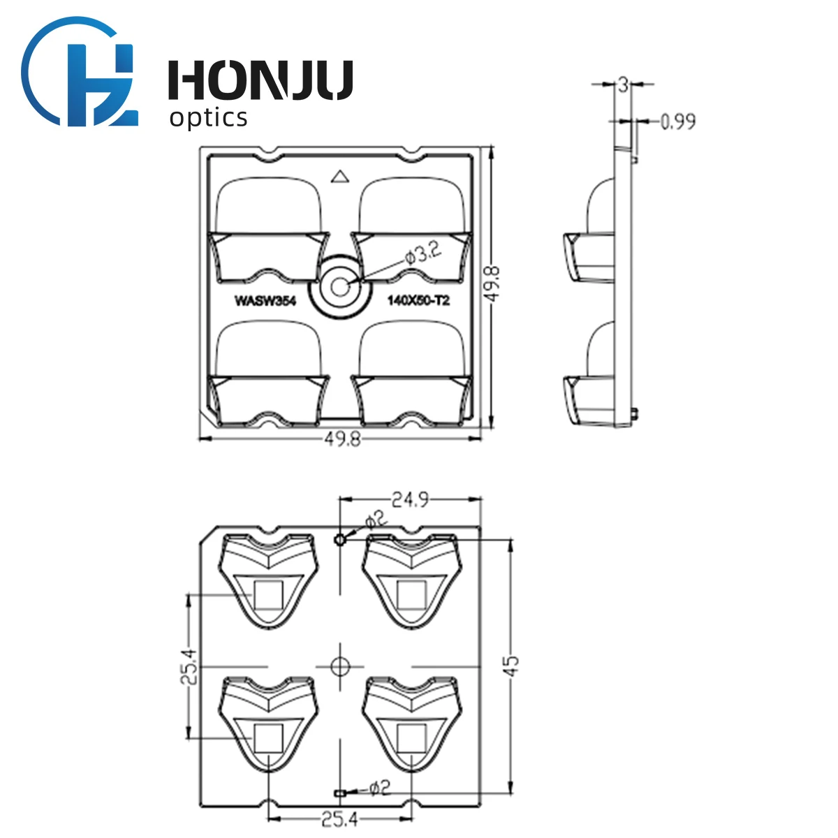 HONJU  140x50 degree T2M 4 beads plastic PC led street Light Lens led optical lens 5050