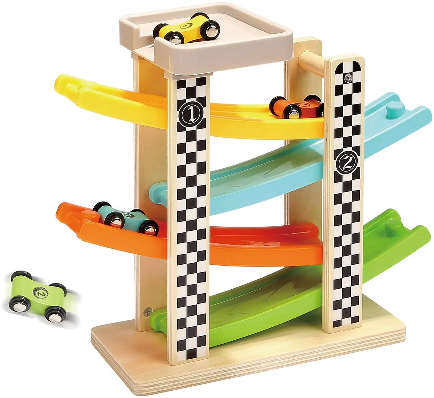 Toddler Toys for 1 2 Year Old Boy and Girl Gifts Wooden Race Track Car Ramp Racer with 4 Mini Cars