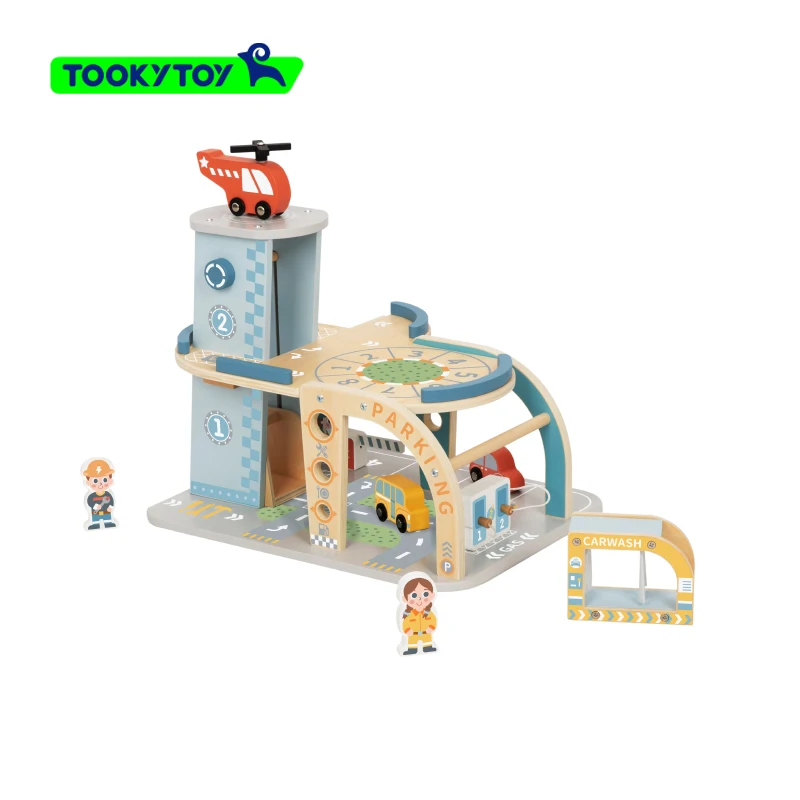 2024 New  wooden pretend play toys simulated parking and Helicopter toys gas station scene toys early education for kids
