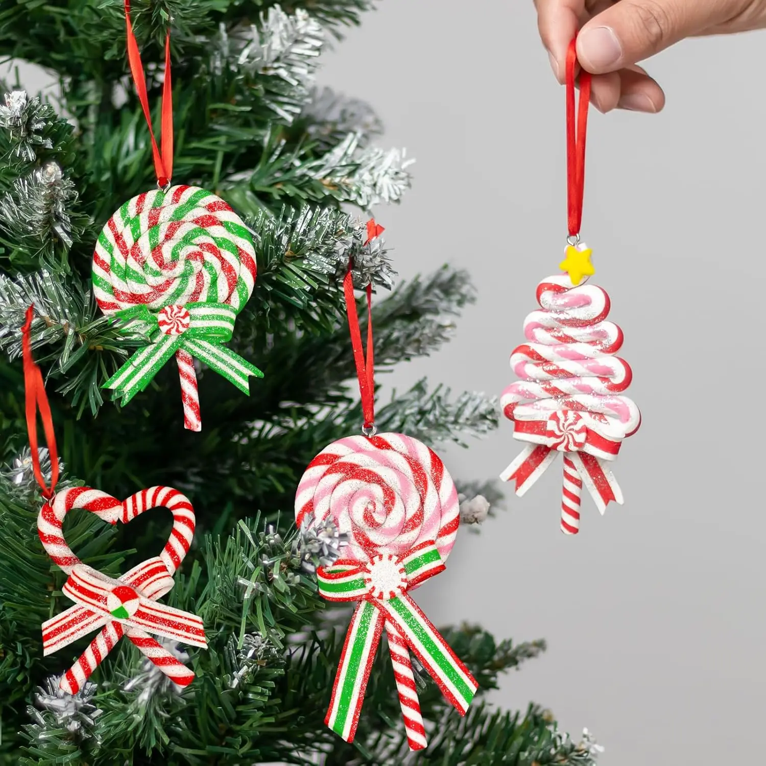Glitter Candy Cane Ornaments for Christmas Tree Polymer Clay Lollipop Decorations with Ribbon for Holiday Party Home Decor