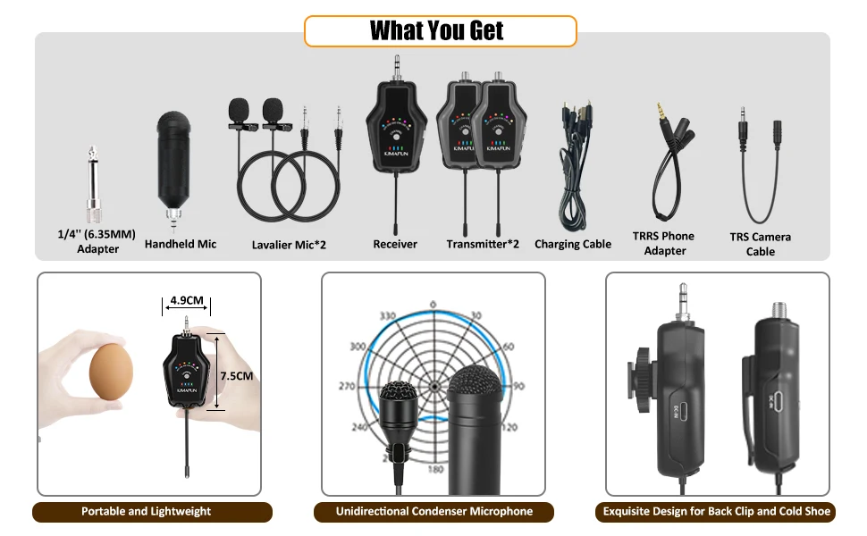 KIMAFUN KM-U307B-2 wireless dual microphone system with dual lavalier mic for live stream interview recording